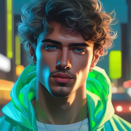 an image picture of a handsome young man, light blue and light green, <lora:NeonifyV2-000003:0.5> nnfy neon realism