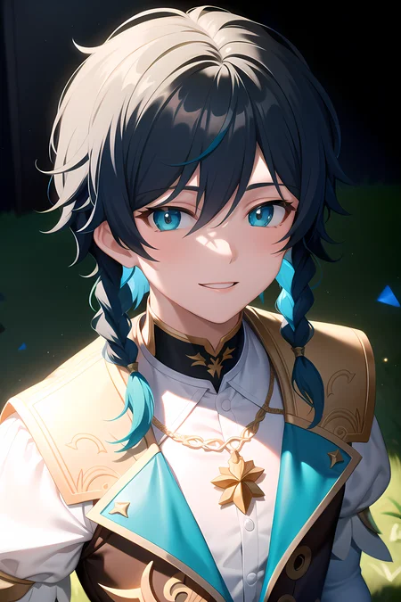 masterpiece, best quality, 1boy, solo, looking at viewer, eye focus, from above, facing viewer, close-up, portrait, dk_venti, smile, official alternate costume, simple background