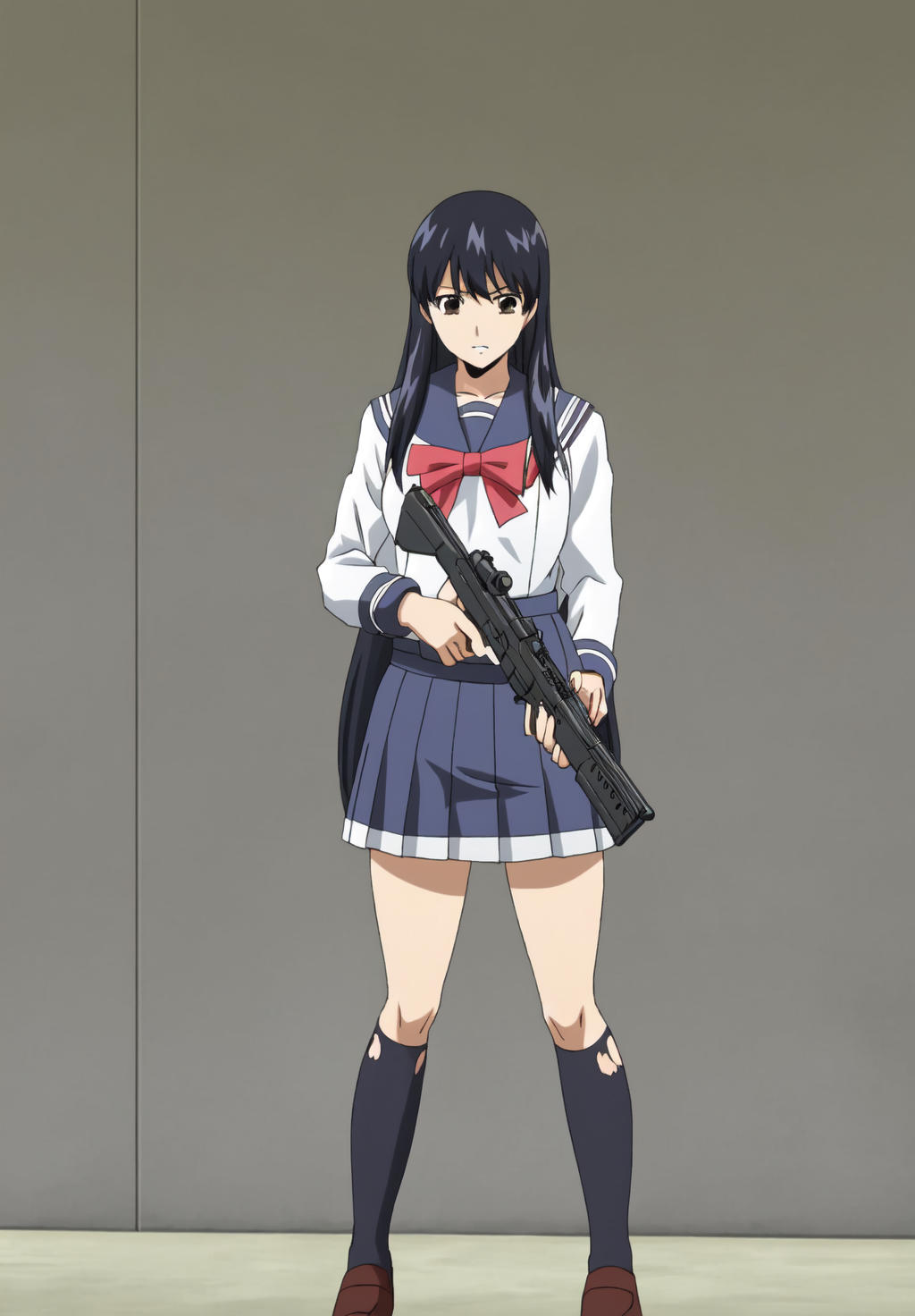 <lora:Yuri_Honjo:0.8>, Yuri_Honjo, 1girl, solo, standing, holding gun, handgun, torn skirt