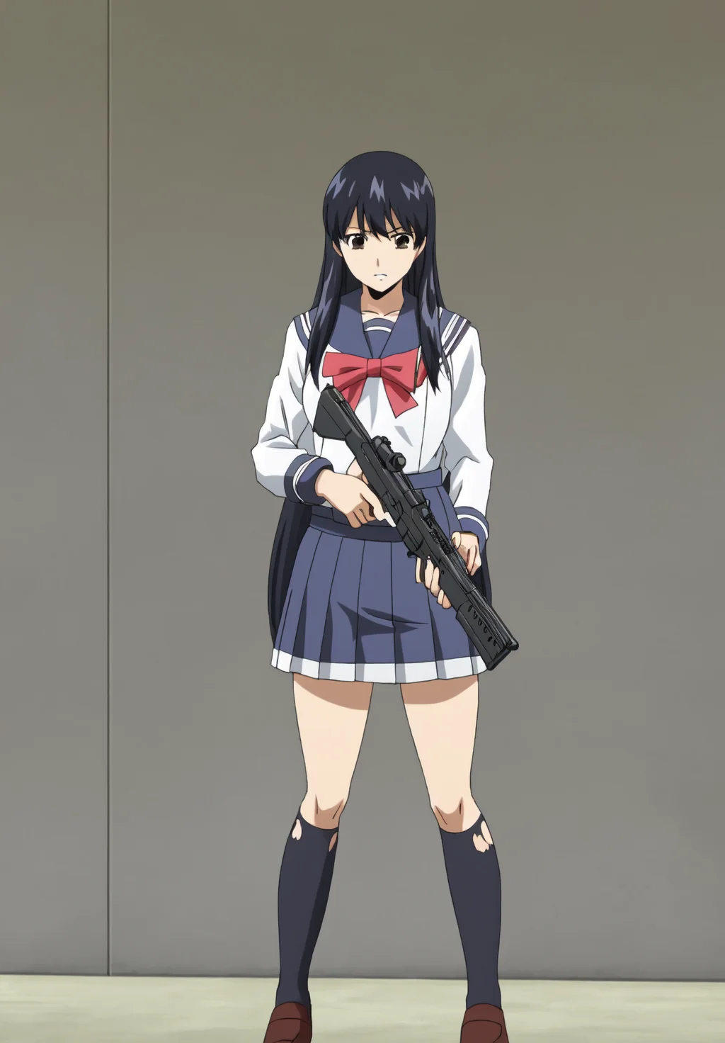 <lora:Yuri_Honjo:0.8>, Yuri_Honjo, 1girl, solo, standing, holding gun, handgun, torn skirt
