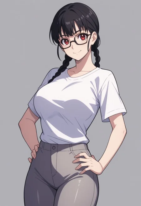 shiizaki lulu, 1girl, solo, glasses, black hair, braid, large breasts, red eyes,taut shirt, grey pants, black pantyhose, standing, hand on hip, smile, score_9, score_8_up, score_7_up, score_6_up, score_5_up, score_4_up
