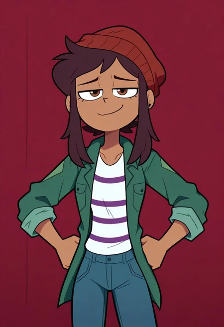 masterpiece, best quality, highres, BREAK, betaluz, 1girl, solo, dark-skinned female, brown eyes, brown hair, short hair, long bangs, red beanie, green jacket, open jacket, striped shirt, jeans, confident, looking at viewer, furrowed brow, smile, hands on hips, standing, cowboy shot