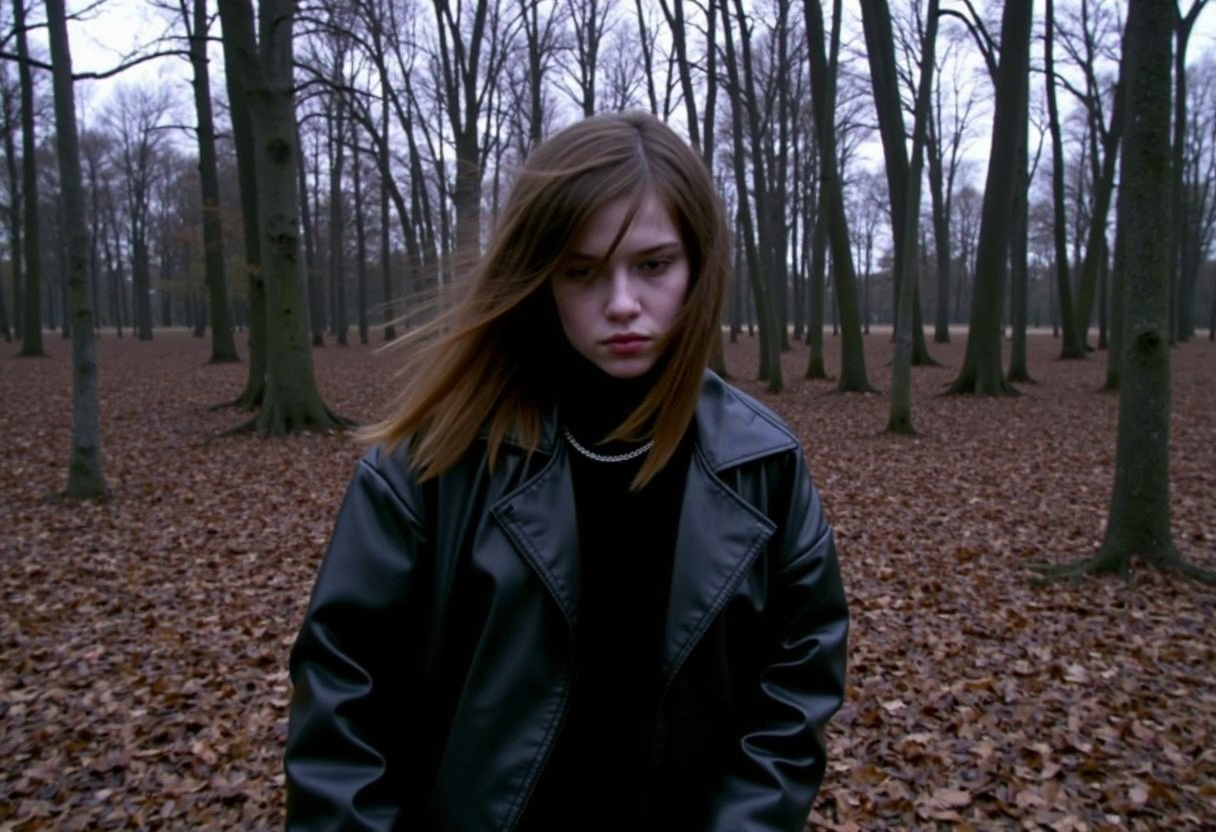 Low-resolution photo, shot on a mobile phone, slight graininess, no noticeable artifacts. Young woman, mid-teens, alternative goth , wearing an oversized black leather jacket, partially obscured face with long, straight brown hair, windswept, pale complexion, minimal makeup, sad expression, silver necklace visible, standing in a dense forest, autumn setting, fallen leaves covering the ground, bare branches and tall trees, muted natural lighting, eerie ambiance, somber mood., 