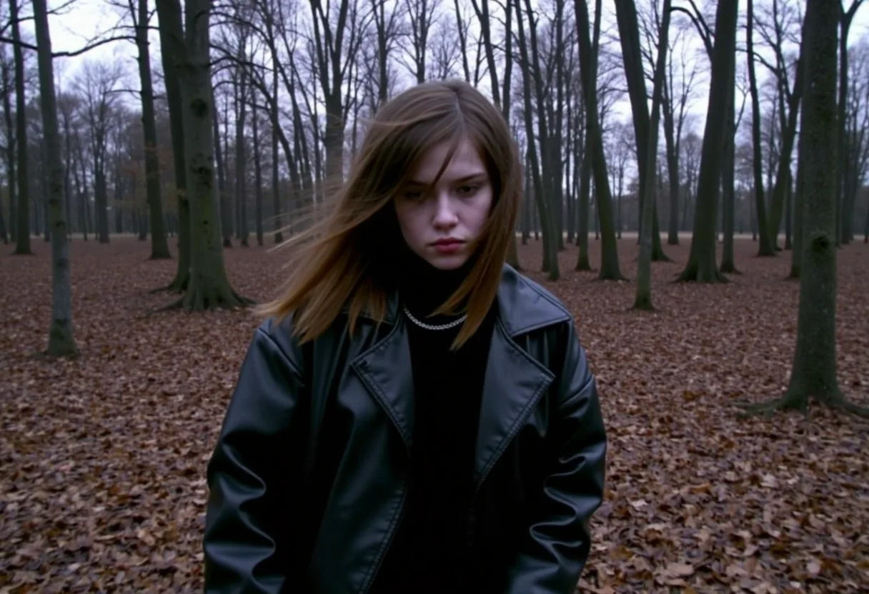 Low-resolution photo, shot on a mobile phone, slight graininess, no noticeable artifacts. Young woman, mid-teens, alternative goth , wearing an oversized black leather jacket, partially obscured face with long, straight brown hair, windswept, pale complexion, minimal makeup, sad expression, silver necklace visible, standing in a dense forest, autumn setting, fallen leaves covering the ground, bare branches and tall trees, muted natural lighting, eerie ambiance, somber mood., 