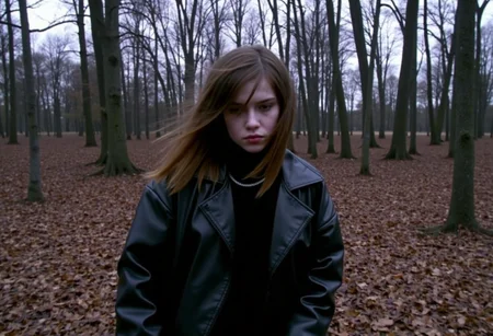 Low-resolution photo, shot on a mobile phone, slight graininess, no noticeable artifacts. Young woman, mid-teens, alternative goth , wearing an oversized black leather jacket, partially obscured face with long, straight brown hair, windswept, pale complexion, minimal makeup, sad expression, silver necklace visible, standing in a dense forest, autumn setting, fallen leaves covering the ground, bare branches and tall trees, muted natural lighting, eerie ambiance, somber mood., 