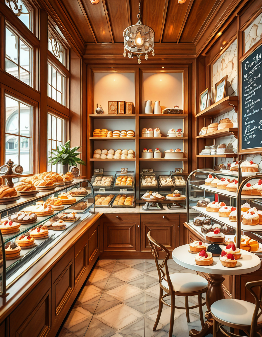 A beautifully designed, elegant pastry shop with a luxurious European-inspired aesthetic. The interior features intricate moldings, high ceilings, and large arched windows that allow natural daylight to stream in, casting a soft glow over the polished marble floors. The walls are adorned with pastel-colored wallpaper, delicate gold accents, and vintage-style framed paintings of pastries and tea sets.
The centerpiece of the shop is a long glass display case filled with an exquisite assortment of pastries, including colorful macarons, delicate éclairs, fruit tarts with glistening glaze, and elegantly decorated cakes with intricate sugar flowers. Behind the counter, shelves lined with neatly arranged boxes of artisanal chocolates, fine teas, and jars of homemade jam add to the refined atmosphere. Crystal chandeliers hang from the ceiling, casting a warm golden light that reflects off the glass surfaces.
Small round tables with marble tops and wrought iron chairs are arranged neatly throughout the space, each set with fine porcelain teacups and decorative napkins. A large antique-style clock hangs on the wall above a wooden shelving unit filled with fresh baguettes and croissants resting in woven baskets. The air is filled with the inviting scent of fresh-baked pastries, vanilla, and rich espresso.
In the background, a grand espresso machine with polished brass fittings sits atop a marble counter, next to a beautifully arranged tiered cake stand displaying freshly made confections. A large, arched doorway with a carved wooden frame leads to a cozy back room with additional seating and a vintage-style menu board showcasing the shop's specialties written in elegant calligraphy. The entire setting evokes a sense of refinement, charm, and indulgence, with a warm and welcoming ambiance.
<lora:SDXLFaeTastic2400:0.4> <lora:extremely_detailed:0.4> extremely detailed, <lora:elegant_p4stry_sh0p_illus:1>,elegant p4stry sh0p, Masterpiece,best quality,hi res,8k,hi res,8k,award winning,(sharp focus, intricate, highly detailed),