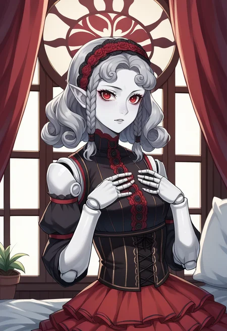 score_9, score_8_up, score_7_up, source_anime BREAK 1girl, solo,  <lora:zs_AgratXL:1> agratsmtvv, curly hair, grey hair, twin braids, colored skin, grey skin, red eyes, pointy ears, doll joints, red lace trim top, black corset belt, red layered skirt, black pantyhose, black frilly headband, gothic room