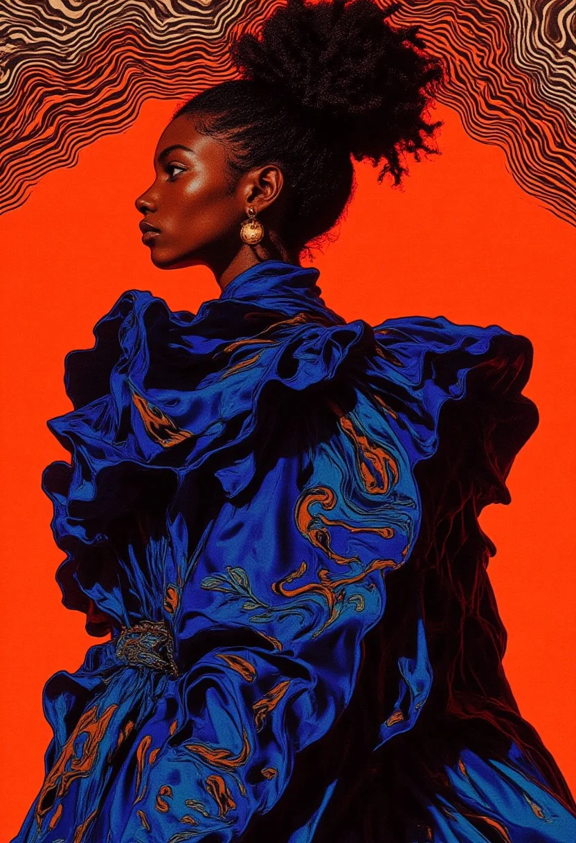 A vibrant digital artwork inspired by Henri Matisse’s bold color contrasts and Alexander McQueen’s intricate textile designs, featuring a profile view of a person with a rich, dark complexion set against a vivid, solid orange background. The subject is adorned in a stunning deep blue high-fashion ensemble, crafted from a blend of glossy satin and velvet, with dramatic ruffled layers cascading over the shoulders and arms, creating a sculptural, dynamic silhouette. Intricate abstract patterns in a lighter blue, resembling swirling waves or organic shapes, flow across the fabric, adding depth, movement, and a sense of modernity. The outfit’s glossy texture catches the light, highlighting its luxurious quality and adding visual rhythm to the design. The background integrates a striking optical illusion inspired by Bridget Riley’s "Fall," featuring sharp, interlocking black-and-white wavy lines that create a ripple effect, subtly blending into the orange backdrop while framing the subject in a surreal visual flow. This illusion provides depth and movement, drawing the eye toward the central figure. The subject’s hair is styled in an elegant updo, with soft, loose strands framing their face, exuding sophistication. They wear large, round gold earrings that glimmer against the bold palette, adding a touch of opulence. HD, 8K quality, ultra-detailed, modern high-fashion masterpiece, flawless composition.
