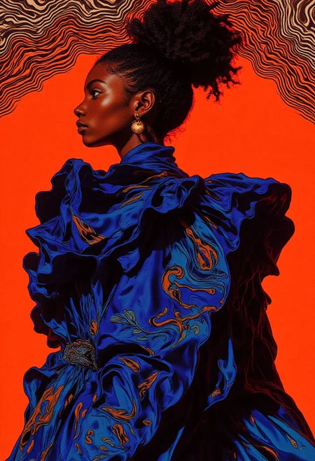 A vibrant digital artwork inspired by Henri Matisse’s bold color contrasts and Alexander McQueen’s intricate textile designs, featuring a profile view of a person with a rich, dark complexion set against a vivid, solid orange background. The subject is adorned in a stunning deep blue high-fashion ensemble, crafted from a blend of glossy satin and velvet, with dramatic ruffled layers cascading over the shoulders and arms, creating a sculptural, dynamic silhouette. Intricate abstract patterns in a lighter blue, resembling swirling waves or organic shapes, flow across the fabric, adding depth, movement, and a sense of modernity. The outfit’s glossy texture catches the light, highlighting its luxurious quality and adding visual rhythm to the design. The background integrates a striking optical illusion inspired by Bridget Riley’s "Fall," featuring sharp, interlocking black-and-white wavy lines that create a ripple effect, subtly blending into the orange backdrop while framing the subject in a surreal visual flow. This illusion provides depth and movement, drawing the eye toward the central figure. The subject’s hair is styled in an elegant updo, with soft, loose strands framing their face, exuding sophistication. They wear large, round gold earrings that glimmer against the bold palette, adding a touch of opulence. HD, 8K quality, ultra-detailed, modern high-fashion masterpiece, flawless composition.