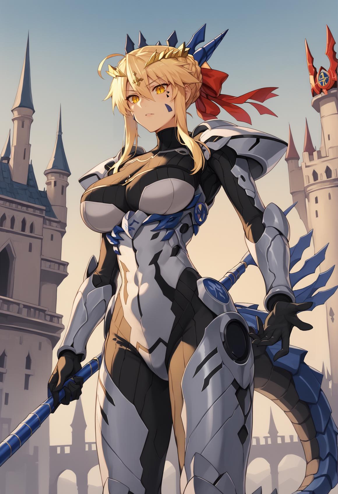 1girl, artoria pendragon \(lancer\) \(fate\), ponytail, hair ornament, facial mark, multicolored hair, yellow eyes, bodysuit, big breasts, mechanical tail, armor, arm blade, slit pupils, standing, castle, holding lance <lora:dinomorphia_kentregina:1>, score_9, score_8_up, score_7_up, score_6_up, score_5_up, score_4_up, BREAK source_anime, masterpiece