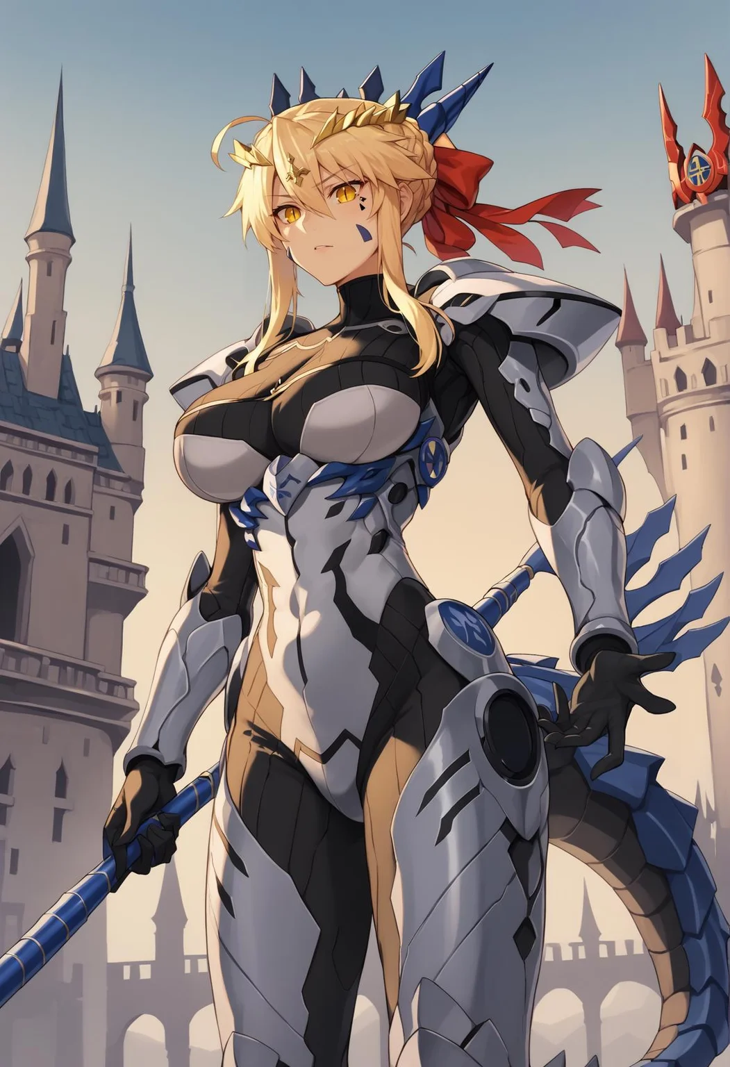 1girl, artoria pendragon \(lancer\) \(fate\), ponytail, hair ornament, facial mark, multicolored hair, yellow eyes, bodysuit, big breasts, mechanical tail, armor, arm blade, slit pupils, standing, castle, holding lance <lora:dinomorphia_kentregina:1>, score_9, score_8_up, score_7_up, score_6_up, score_5_up, score_4_up, BREAK source_anime, masterpiece