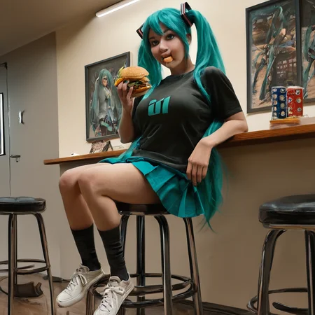 sfw, masterpiece, best quality,absurderes,photo,realistic,source_photo,indoors,club,1girl,solo,hatsune miku,t-shirt,skirt,knee socks,sneakers,sitting,bar stool,eating burger,<lora:Reallustrious_Beta2:0.8>