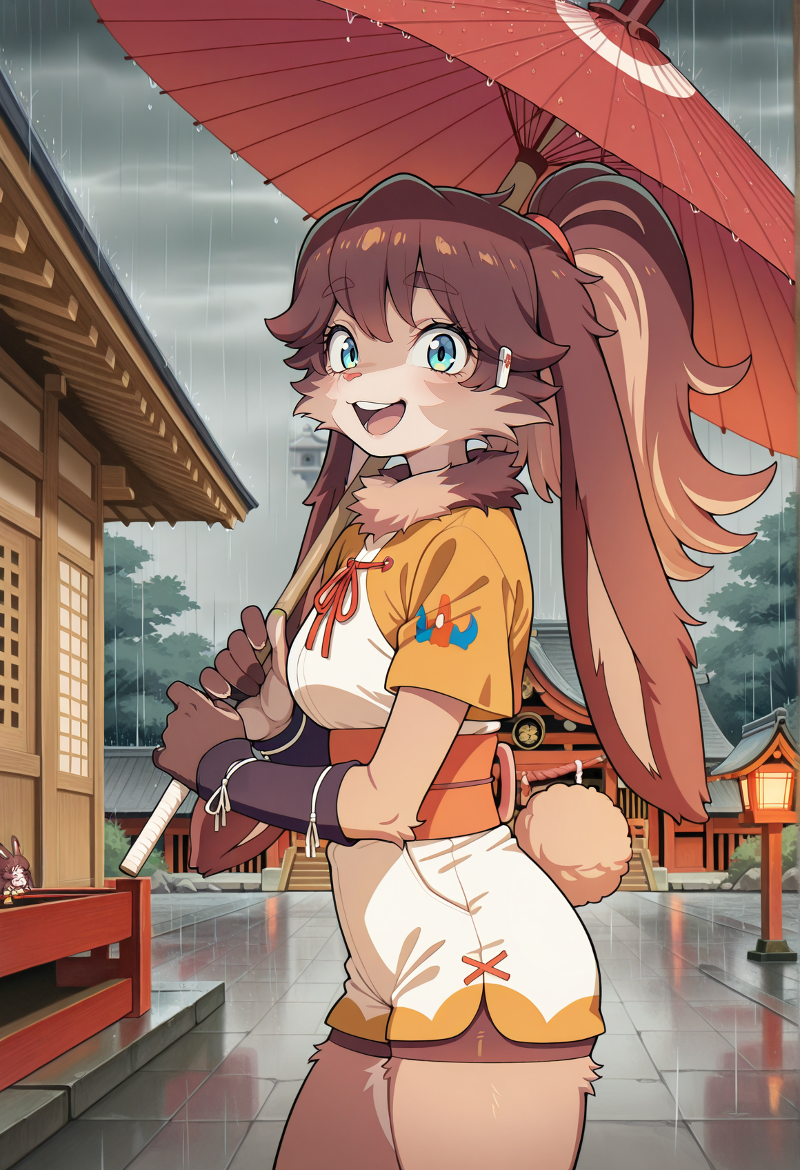 1girl, furry female, rabbit girl, long hair, brown hair, ponytail, blue eyes, furry, japanese clothes, wristbands, obi, short sleeves, fur collar, shorts, outdoors, shrine, rain, holding umbrella, looking at viewer, smile, open mouth  <lora:lop_illus:1>, masterpiece, best quality, amazing quality, very aesthetic, absurdres, highres, newest