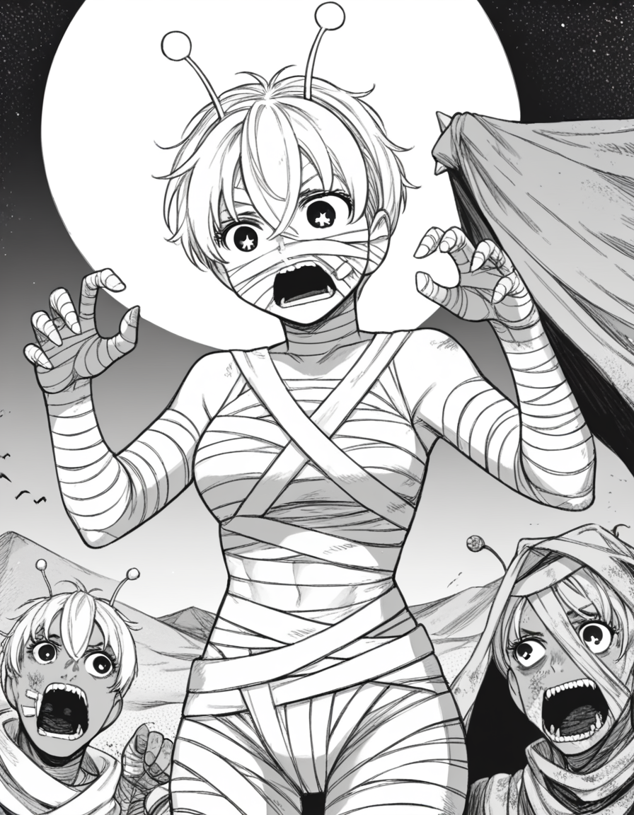 score_9, score_8_up, score_7_up, source_anime, <lora:vamola-manga-ponyxl-lora-nochekaiser:1>, vamola, short hair, bangs, hair between eyes, symbol-shaped pupils, antennae, star-shaped pupils, monochrome, greyscale, medium breasts,, <lora:mummy-costume-ponyxl-lora-nochekaiser:1>, mummy costume, bandages, halloween costume, bandaged arm, zombie pose, bandage on face,, desert, moon, night, open mouth, , dutch angle, cowboy shot