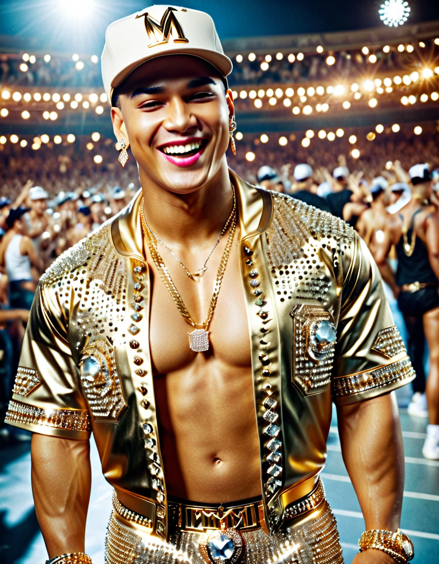 UHD, 8K, ultra detailed, highly realistic photo of full shot photo, attractive  Asian toned man wearing open shirt showing pectorals and abs blingbling, smile visible teeth, baseball cap, earrings, sneakers, background is a crowded concert venue with Madonna performing in the far distant background, (high resolution 8K photo quality:1.3)