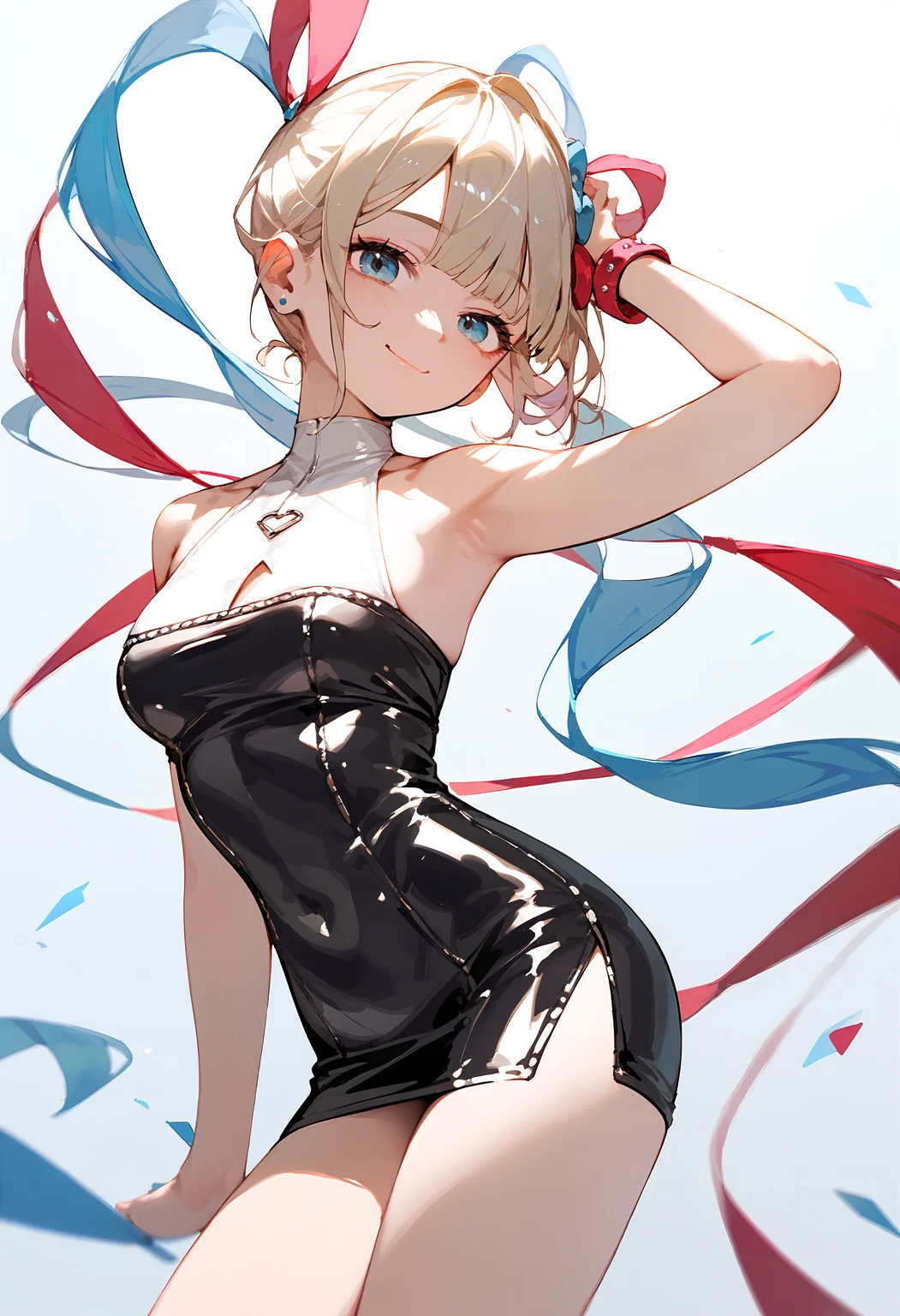 (score_9, score_8_up, score_7_up), 1girl, kangel, faux leather mini dress with a deep V-neckline and a bodycon fit,, smile, closed mouth, <lora:NGO-PO-v1A-000008:0.8>