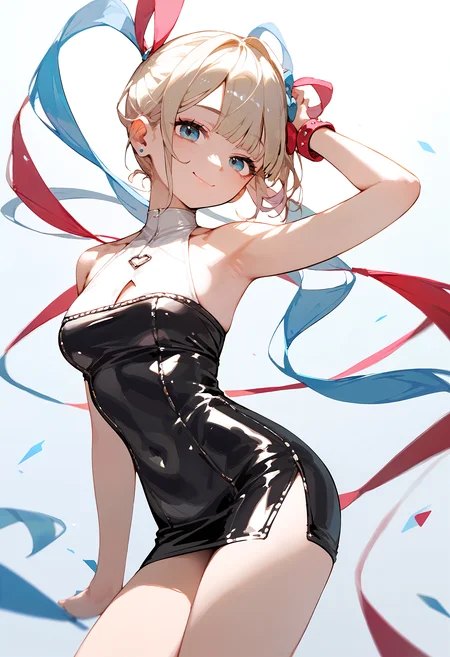 (score_9, score_8_up, score_7_up), 1girl, kangel, faux leather mini dress with a deep V-neckline and a bodycon fit,, smile, closed mouth, <lora:NGO-PO-v1A-000008:0.8>
