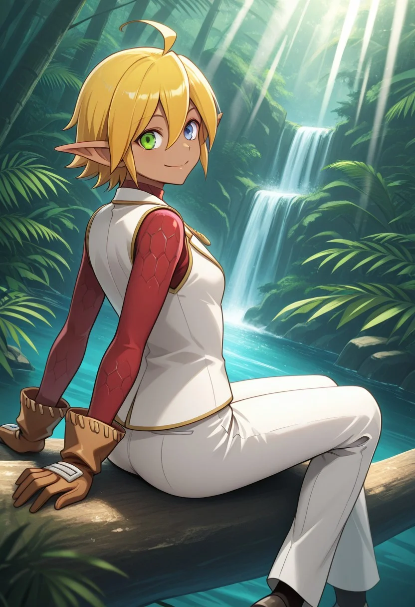 masterpiece, best quality, tomboy, blue eyes, jewelry, heterochromia, brown gloves, long sleeves, shoes, dark elf, scale armor, red shirt, dark-skinned female, blonde hair, hair between eyes, necklace, red carpet, white pants, green eyes, ahoge, pants, aura bella fiora, 1girl, pointy ears, tiny breasts, short hair, , white vest,
outdoors, rainforest, nature, (fern), light rays, from behind, rock, waterfall, sitting on branch, dutch angle, looking at viewer, arm support, closed mouth, smile
