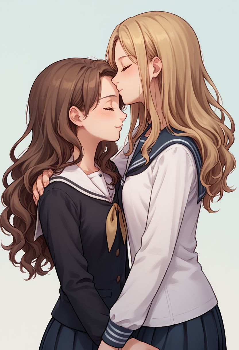 score_9, score_8_up, source_anime, highly detailed, 
kissing forehead, school uniform, multiple girls, closed eyes, 2girls, yuri, serafuku, kiss,
long hair, profile, brown hair, blonde hair, wavy hair,
hand on another's shoulder, short hair, long sleeves,
outdoor,