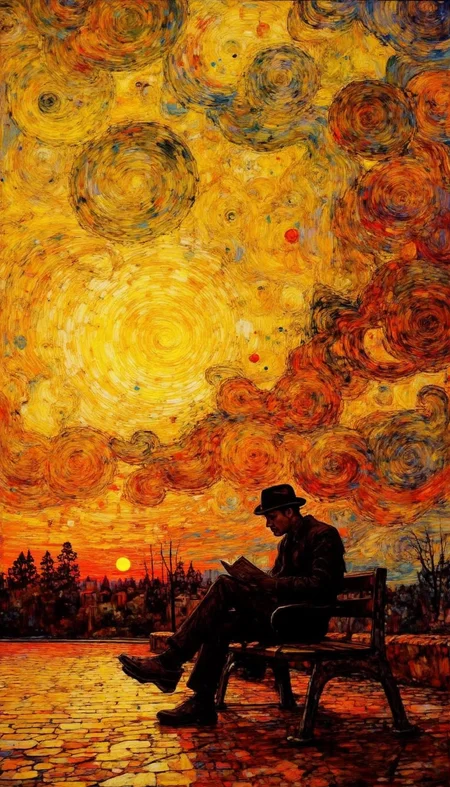 A digital painting with a vibrant, impressionistic style, mixed-media artwork featuring a  style reminiscent of Vincent van Gogh's swirling brushstrokes. The central focus is a solitary figure, likely a man, seated on a wooden bench with his back to the viewer. He is dressed in a dark suit and appears to be reading a book, with his legs crossed. The man is wearing a hat, adding a touch of formality to his attire. The bench is simple, with a metal frame and wooden slats, and it sits on a paved surface that reflects the bright light of the setting sun.

The background is a dramatic display of swirling, textured colors that evoke a sunset or sunrise. The sky is ablaze with hues of orange, yellow, and red, creating a sense of warmth and intensity. Large, swirling clouds are painted in these same fiery tones, adding to the dynamic and energetic atmosphere. The horizon is lined with silhouetted trees, their outlines softened by the glow of the sunset. The overall effect is one of tranquility and contemplation, enhanced by the serene solitude of the figure and the mesmerizing, almost chaotic beauty of the sunset.
