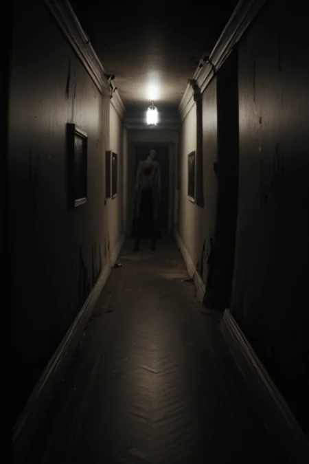 long shot scenic professional photograph of score_9, score_8_up, score_7_up, BREAK .
first person view, recording camera perspective, endless dark corridors, decaying walls, peeling wallpaper, rusty metal floors, flickering lights, fog, mist, eerie atmosphere, distorted reality, blood stains, shadows, ominous, creepy, horror, psychological horror, Silent Hill style, photorealistic, highly detailed, 8k resolution, cinematic lighting, volumetric fog, ray tracing, ambient occlusion, film grain, motion blur, depth of field, high contrast, muted colors, dark palette, unsettling, nightmarish, surreal, claustrophobic atmosphere, distant menacing figure, lurking presence, out of focus silhouette, otherworldly, unnerving, tense, hyper-realistic textures, grime, decay, abandoned, desolate.
 <lora:P.T_SILENT_HILLS:1>silenthillspt style.
 3D rendering, perfect viewpoint, highly detailed, wide-angle lens, hyper realistic, with dramatic sky, polarizing filter, natural lighting, vivid colors, everything in sharp focus, HDR, UHD, 64K