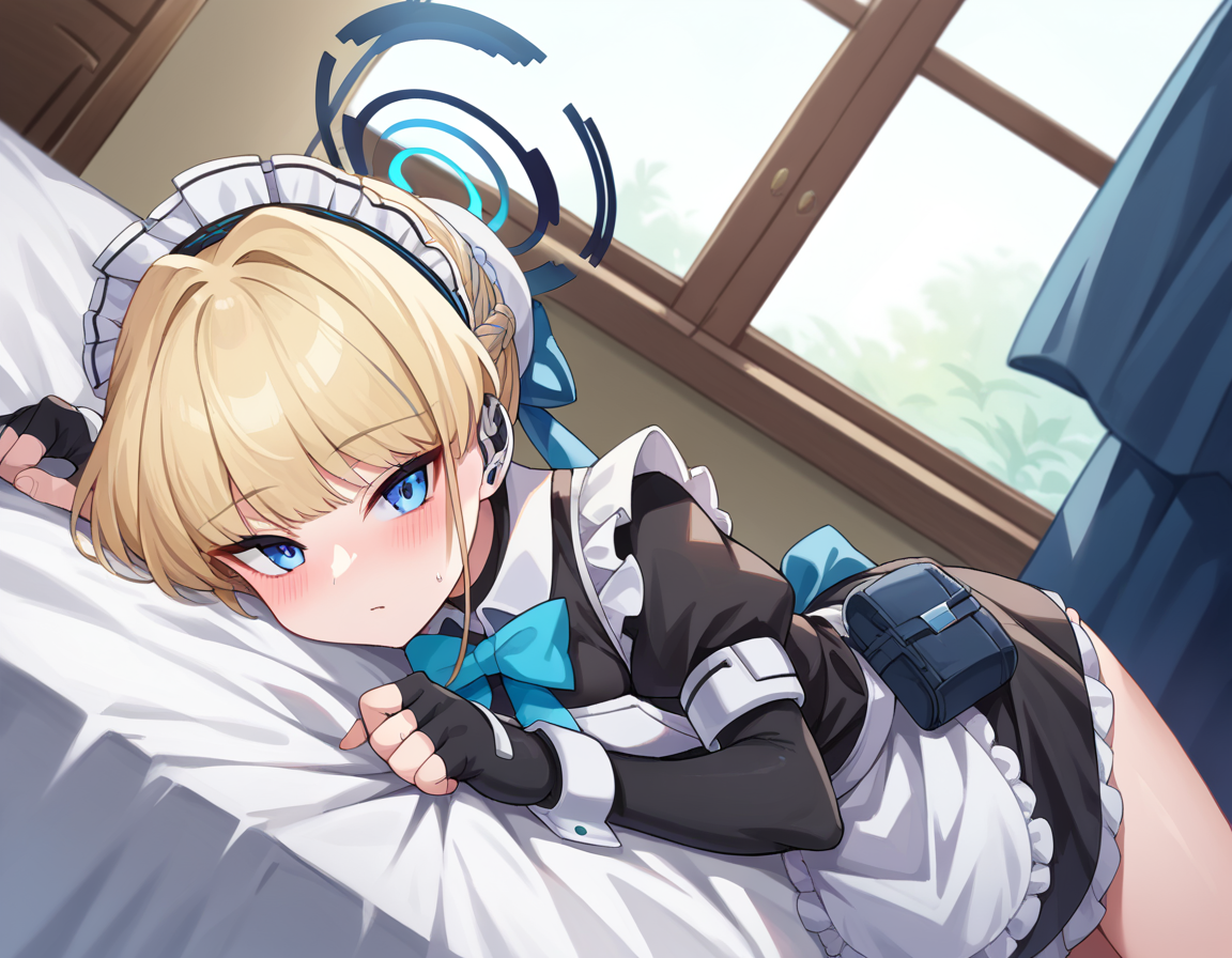 score_9, score_8_up, score_7_up, source_anime,
tokiasuma, <lora:toki-asuma-ponyxl-lora-nochekaiser:1>
toki, blonde hair, blue eyes,
hair bun, short hair, halo, apron, belt pouch, black dress, black gloves, blue bow, bow, dress, elbow gloves, fingerless gloves, gloves, halo, long sleeves, maid, maid apron, maid headdress, pouch,
indoors, bed, bed room, on side, blush, drunk,
looking at viewer, dutch angle, cowboy shot