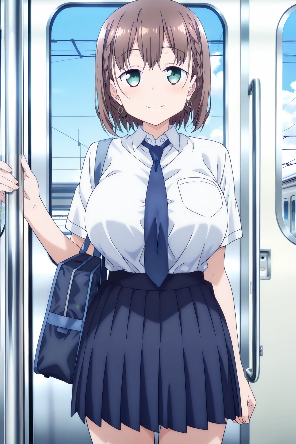 anime screenshot, 1girl, solo, ai-chan (tawawa), brown hair, short hair, braid, hair ornament, aqua eyes, large breasts, school uniform, white shirt, collared shirt, short sleeves, blue necktie, blue skirt, pleated skirt, school bag, looking at viewer, smile, cowboy shot, train interior, blue sky, day, masterpiece, best quality, high quality, highres, absurdres, <lora:ai-chan_tawawa-s1_ILXL:0.9>