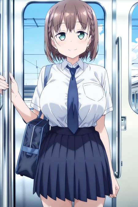 anime screenshot, 1girl, solo, ai-chan (tawawa), brown hair, short hair, braid, hair ornament, aqua eyes, large breasts, school uniform, white shirt, collared shirt, short sleeves, blue necktie, blue skirt, pleated skirt, school bag, looking at viewer, smile, cowboy shot, train interior, blue sky, day, masterpiece, best quality, high quality, highres, absurdres, <lora:ai-chan_tawawa-s1_ILXL:0.9>