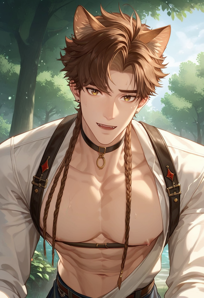 score_9,score_8_up,score_7_up,1boy,solo,yaoi,bara,male focus,fairly nsfw,uncersored,highres,best quality,amazing quality,best aesthetic,absurdres,<lora:add-detail-xl:1>,<lora:Expressive_H:1>,Expressiveh,<lora:sunce:0.7>,sunce,looking at viewer,animal ears, embarrassed, white shirt, open clothes, outdoors,