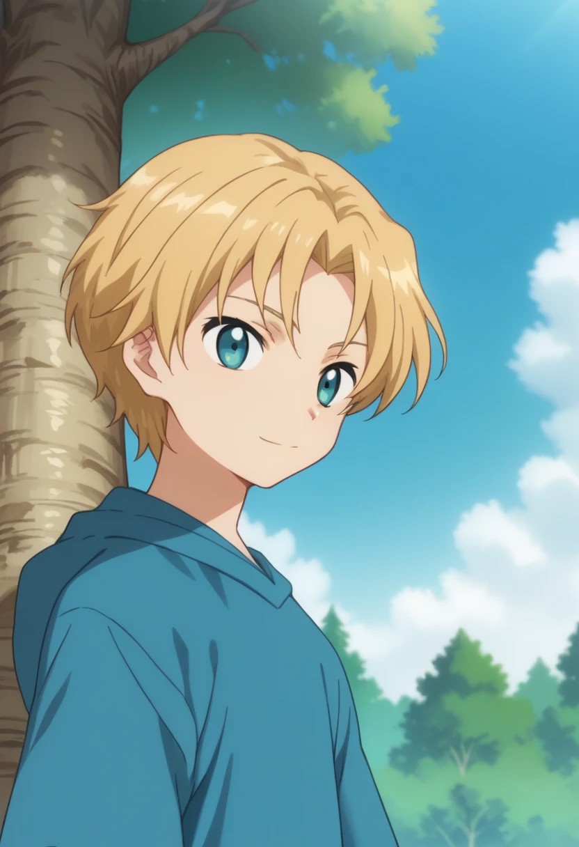 score_9, score_8_up, score_7_up, source_anime, highly detailed,
takuma, 1boy, blonde hair, male focus, solo, blue eyes, hood, shorts, hoodie, black shorts, blue hoodie, upper body, light smile,
outdoor, sky, tree, clouds,