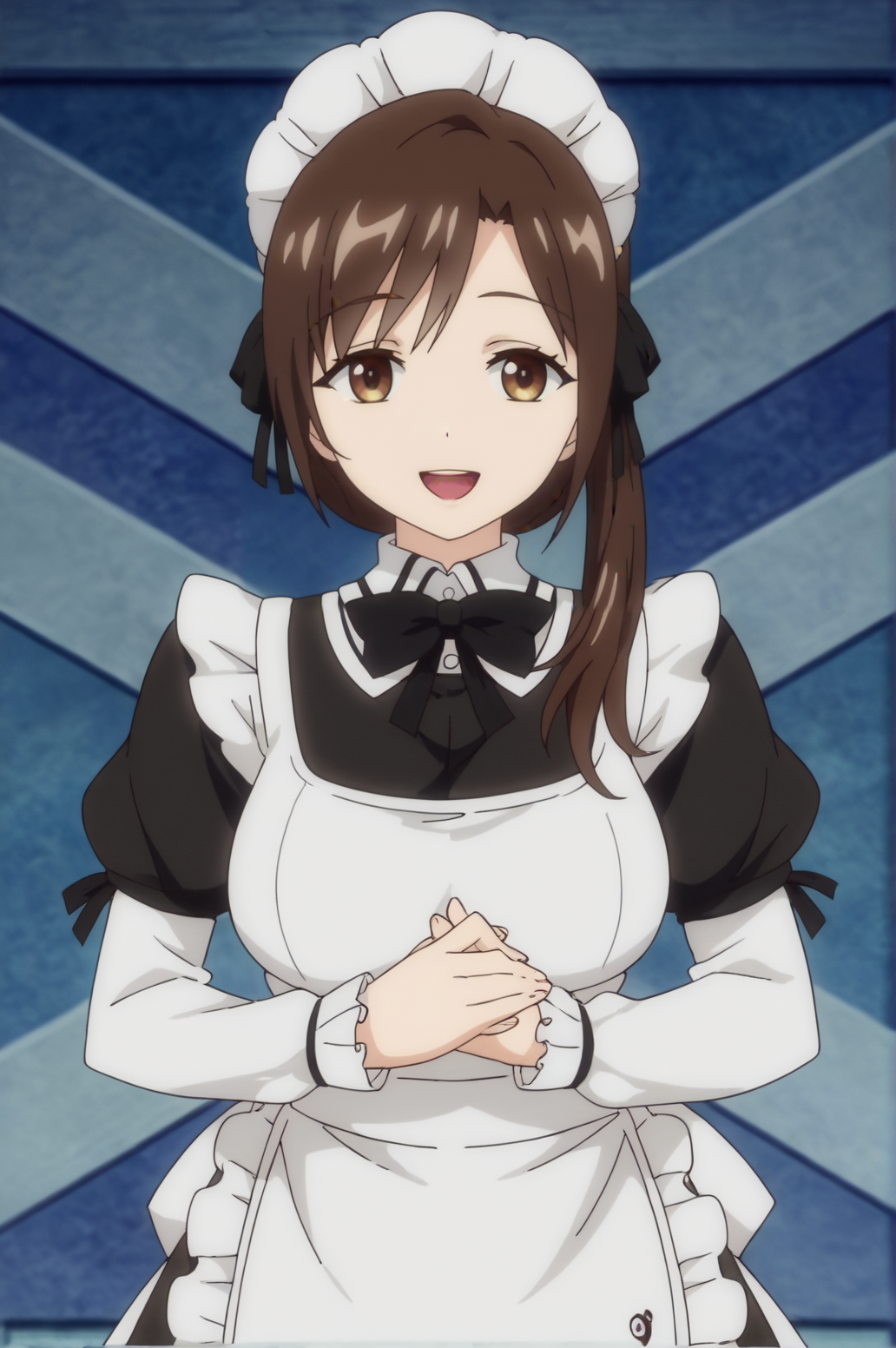 score_9, score_8_up, score_7_up,anime_source, source_anime, best background, detailed background, anime screencap,  Diana, Diana, apron, maid, open mouth, own hands together, smile, solo solo,  victory finger, victory pose,  <lora:JN_Diana:0.8>