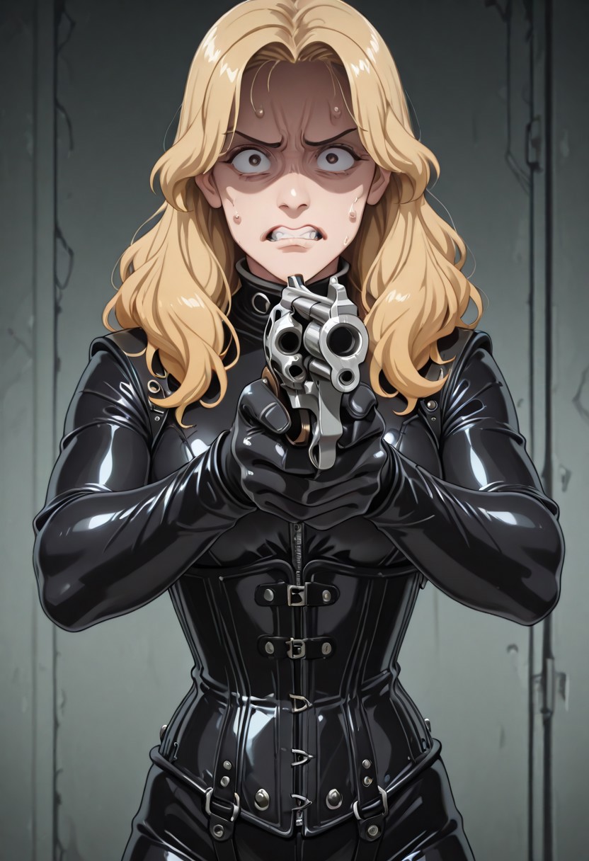 1girl, , blond hair, HW_corset, closed shiny black catsuit, posturecollar. gloves, <lora:misa-guido-okay-narancia-illustriousxl-lora-nochekaiser:1>, misa guido okay narancia, solo, looking at viewer, holding, weapon, holding weapon, gun, parody, holding gun, handgun, aiming, nervous, teeth, shaded face, clenched teeth, revolver,