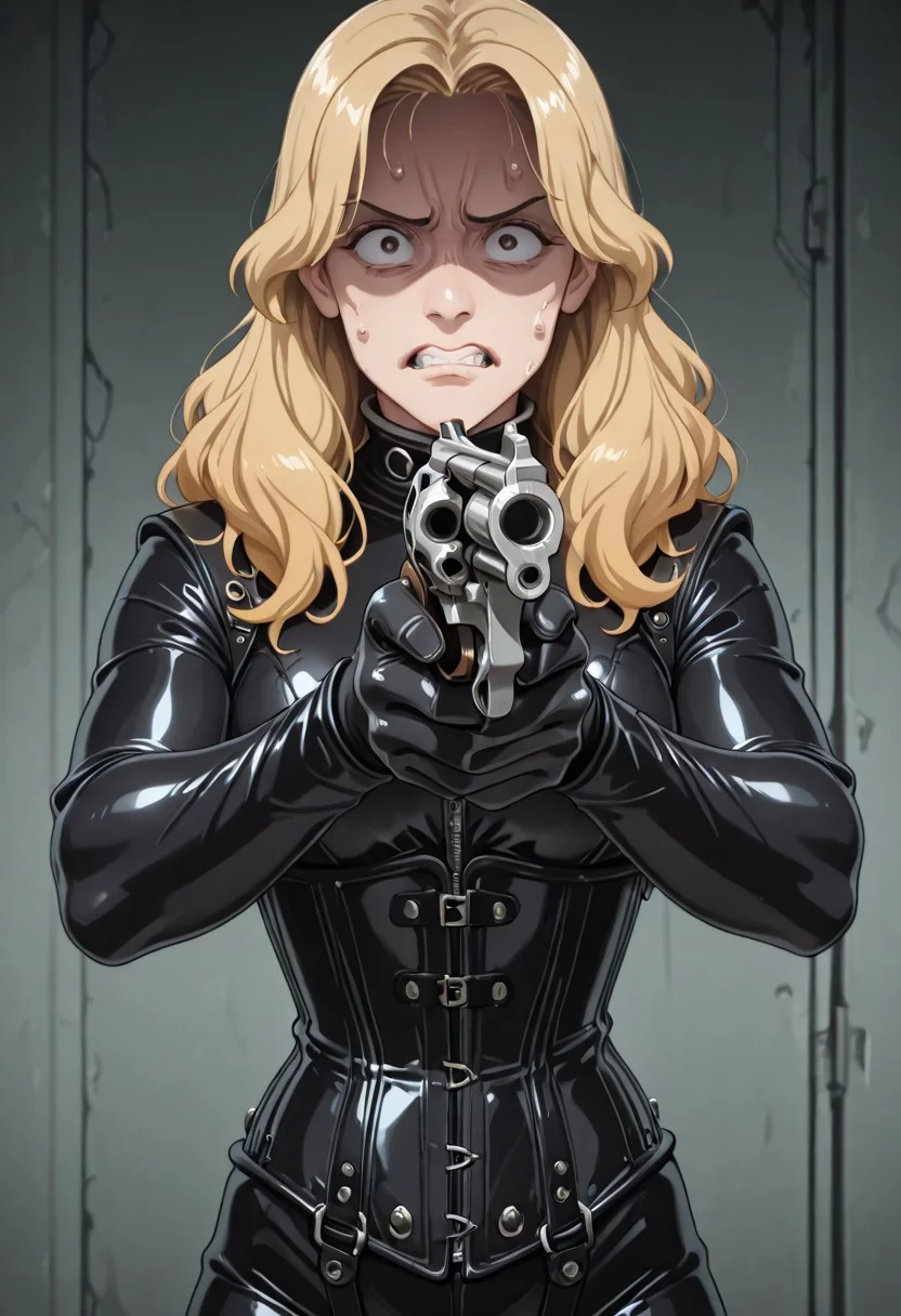 1girl, , blond hair, HW_corset, closed shiny black catsuit, posturecollar. gloves, <lora:misa-guido-okay-narancia-illustriousxl-lora-nochekaiser:1>, misa guido okay narancia, solo, looking at viewer, holding, weapon, holding weapon, gun, parody, holding gun, handgun, aiming, nervous, teeth, shaded face, clenched teeth, revolver,