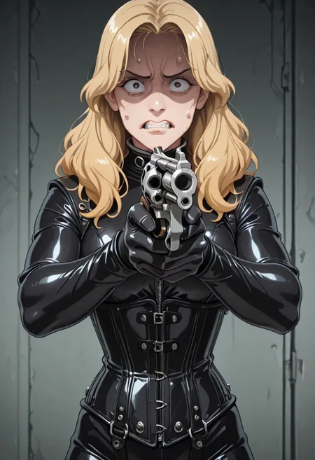 1girl, , blond hair, HW_corset, closed shiny black catsuit, posturecollar. gloves, <lora:misa-guido-okay-narancia-illustriousxl-lora-nochekaiser:1>, misa guido okay narancia, solo, looking at viewer, holding, weapon, holding weapon, gun, parody, holding gun, handgun, aiming, nervous, teeth, shaded face, clenched teeth, revolver,