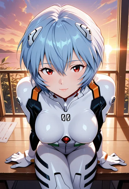 1girl, Cowboy Shot, cute, seductive, innocent, light smile:0.3, plump lips,  sitting at the table, outdoor,  bokeh,  crossed legs, leaning forward,
 Cowboy Shot, Ayanami Rei, cute, seductive, innocent, light smile:0.3, plump lips, slender body, red eyes, short light blue hair, floating hair, white plugsuit, sunset,, <BREAK> , masterpiece, amazing quality, best quality, ultra-detailed, 8K, illustration, CG, anime coloring