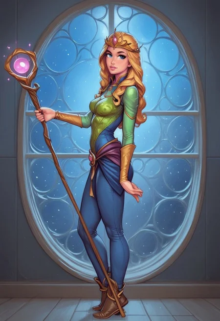 1girl, (((side view))), from front, solo, illustration, comic style, highly detailed, skinny, model body, looking at viewer, masterpiece, best quality, 1girl, masterpiece, best quality, fayenchantress, 1girl, solo, blonde hair, long hair, blue eyes, (young beauty, fit body:1.3), ((((magic shining orb in staff right hand, opened magic book in left hand)))), ((((magic clothes, tiara)))), dynamic pose
<lora:FayEnchantress:0.9>
BREAK
(((dark magic Observatory inside, night sky in window:1.6)))) score_9, score_8_up, score_7_up, score_6_up, source_cartoon, rating_explicit, Expressiveh, ((((full body))))), dynamic pose