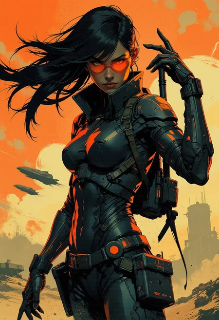 in the style of ck-mgs, nistyle, Inkplash art on rice paper, sepia, henna, Silhouette Art, magnificent, inksplash, closeup portrait, female bounty hunter, flowing black hair, reflective black and neon red armor, futuristic armor, a rifle strapped to her back, holstered pistol, holding hand up to block dust flying in her eyes, abstract background suggesting a harsh desert world, Spaceships flying overhead, dust storm, windy,
Cowboy Shot, close up,
