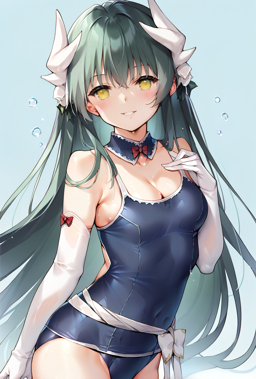 score_9,score_8_up,score_7_up,score_6_up,score_5_up,score_4_up, source_anime,  <lora:kiyohime_(lancer)_XL_1:1>  bbkiyo, long hair, green hair, white horns, hair flower, yellow eyes, detached collar, cleavage, school swimsuit, blue one-piece swimsuit, elbow gloves, white gloves, sash, blush, smile,   <lora:Mignon-Style-PonyXL-000054:1>