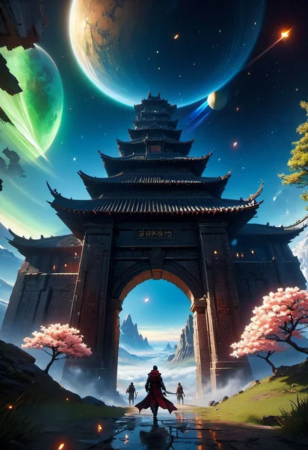 WLOP art style, Ancient,apocalypse,  unreal engine 5 style, star war, outdoors, The castle floating in the air, outer space planet, sky gate,  human, bulding night, meteor aurora , flower, top-down view, firefly -ar 9:16, high saturation, high contract, gold silver dragon