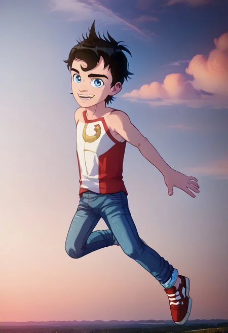 score_9, score_8_up, score_7_up, Absurdres, Intricate Details, Masterpiece, Best Quality, Expressiveh, source_anime, parody, 1boy, solo , boy flying , male focus, twink , skinny, thick eyebrows, big smile , jeans shorts , red sport shoes , shirtless , jon kent, black hair, blue eyes , very happy , kuru_kuru (high quality:1.2), bare chest ,  jeans shorts , (very detailed:1.2), flying, bule sky, clouds, high in the sky , dramatic light,