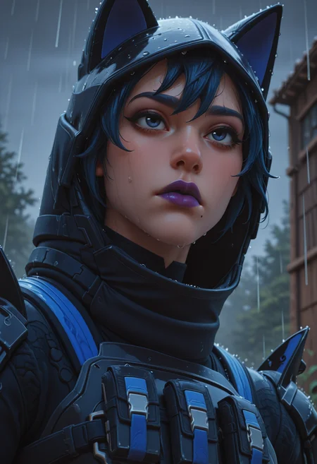 IllusP0s, 1girl, HopeFN, purple lips, mole under mouth, blue hair, DemonHunterHope, DHBodysuit, HunterHood, portrait, raining, heavy rain, F4st
<lora:Shadow_Blade_Hope_Illustrious_V3:1>