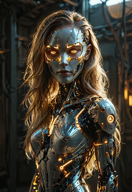 very dark neon lit hangar, cyborg woman, glowing eyes, mask, Gold long hair, looking at viewer, volumetric, particle, complex, intricate, detailed, film grain, side light, <lora:SDXL\add-detail-xl.safetensors:1.0>, Cybercore Aesthetic, ral-ledlights
