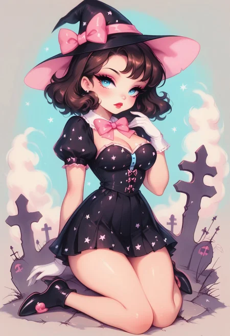 score_9, score_8_up, score_7_up,
masterpiece, best quality, detailed, amazing quality,
detailed background, graveyard, pastel,
detailed eyes, clean eyes, 
dynamic pose,
solo, 1woman, woman, pale skin, short hair, blue eyes, dark brown hair, messy hair, curvy,
easynegative,
k33n3r, reij-pnkwtch, short skirt, hat