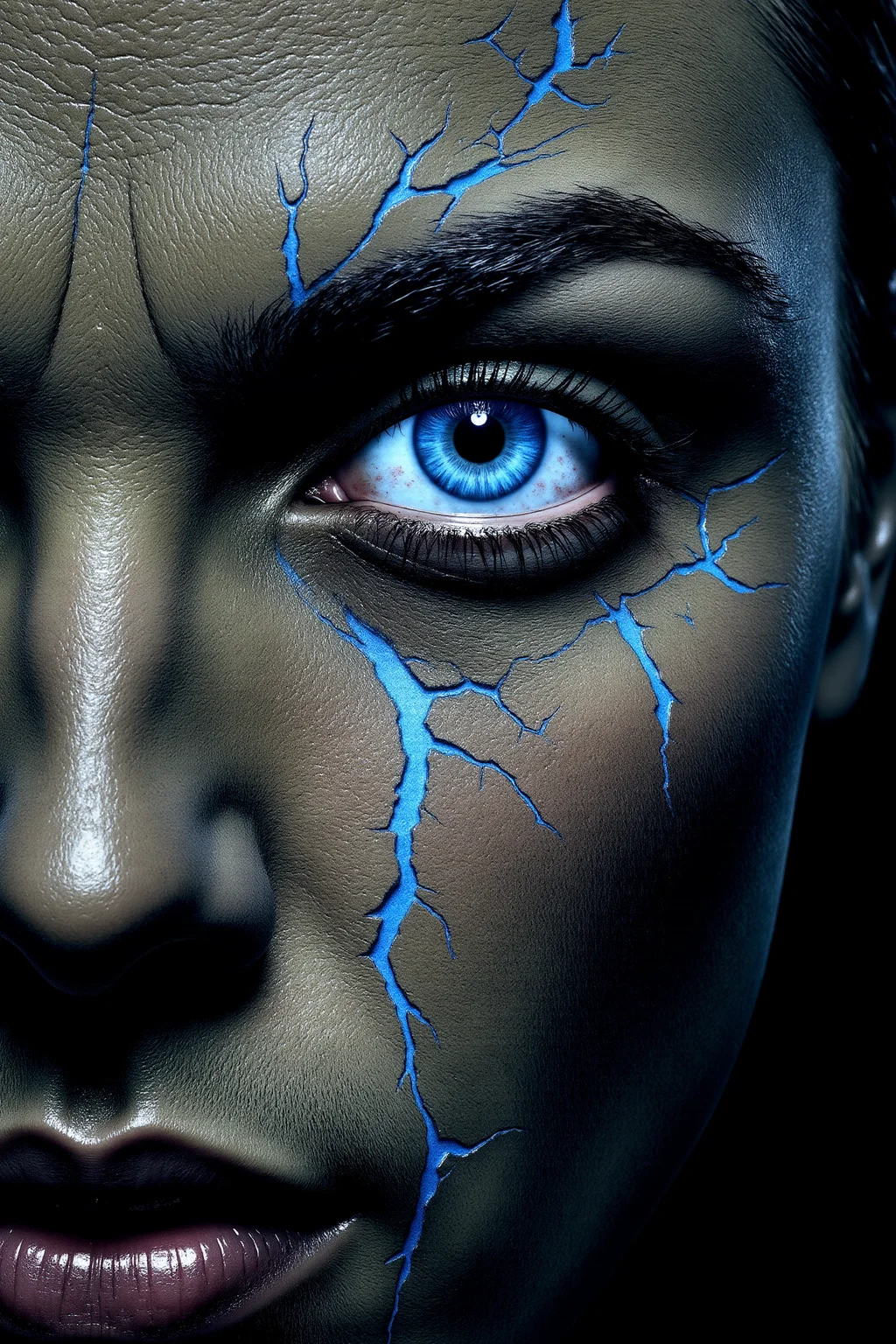 This haunting image features a close-up of a face, with intense, icy-blue eyes staring forward from skin that appears cracked and desiccated, as if transformed into hardened earth. The eyes are striking, almost glowing, with a crystalline quality that draws immediate focus amidst the parched, textured skin. Their vibrant blue stands in stark contrast to the grayscale tones surrounding them, making the eyes feel like portals to something alive and deep within, despite the cracked surface. The skin, with its intricate web of fissures, resembles dry, barren ground, complete with jagged breaks and fault lines. Faint streaks of electric blue glow within some of the cracks, as though veins of energy or life pulse beneath the hardened exterior, suggesting that vitality still runs beneath the seemingly lifeless surface. Shadows fill the deeper crevices, accentuating the roughness and evoking a sense of decay, transformation, or struggle. The overall effect is both surreal and symbolic, blending organic human elements with an otherworldly texture to explore themes of resilience, hidden strength, or metamorphosis. The interplay of life and desolation, particularly through the contrast between the bright eyes and the cracked skin, suggests a narrative of survival and endurance, where beauty and vitality persist even in the harshest conditions. The composition and textures evoke a sense of mystery and depth, leaving a powerful, lasting impact. 
<lora:Comic book V2:1.09> Comic book style. <lora:FFS_v.2:0.65> FFS style face.