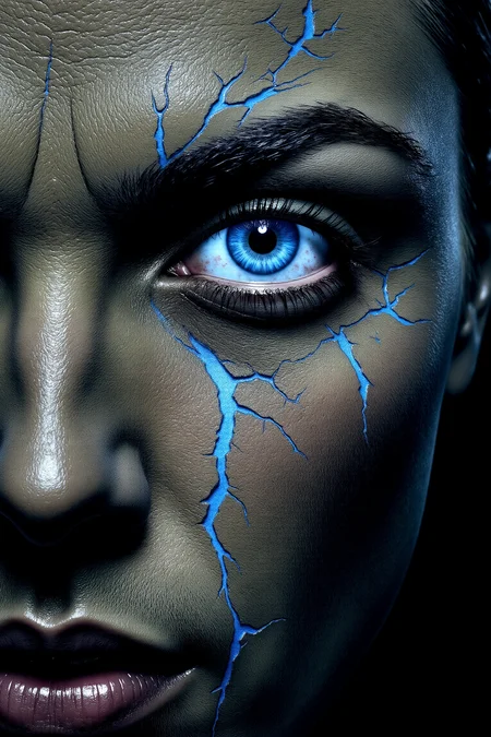 This haunting image features a close-up of a face, with intense, icy-blue eyes staring forward from skin that appears cracked and desiccated, as if transformed into hardened earth. The eyes are striking, almost glowing, with a crystalline quality that draws immediate focus amidst the parched, textured skin. Their vibrant blue stands in stark contrast to the grayscale tones surrounding them, making the eyes feel like portals to something alive and deep within, despite the cracked surface. The skin, with its intricate web of fissures, resembles dry, barren ground, complete with jagged breaks and fault lines. Faint streaks of electric blue glow within some of the cracks, as though veins of energy or life pulse beneath the hardened exterior, suggesting that vitality still runs beneath the seemingly lifeless surface. Shadows fill the deeper crevices, accentuating the roughness and evoking a sense of decay, transformation, or struggle. The overall effect is both surreal and symbolic, blending organic human elements with an otherworldly texture to explore themes of resilience, hidden strength, or metamorphosis. The interplay of life and desolation, particularly through the contrast between the bright eyes and the cracked skin, suggests a narrative of survival and endurance, where beauty and vitality persist even in the harshest conditions. The composition and textures evoke a sense of mystery and depth, leaving a powerful, lasting impact.
<lora:Comic book V2:1.09> Comic book style. <lora:FFS_v.2:0.65> FFS style face.
