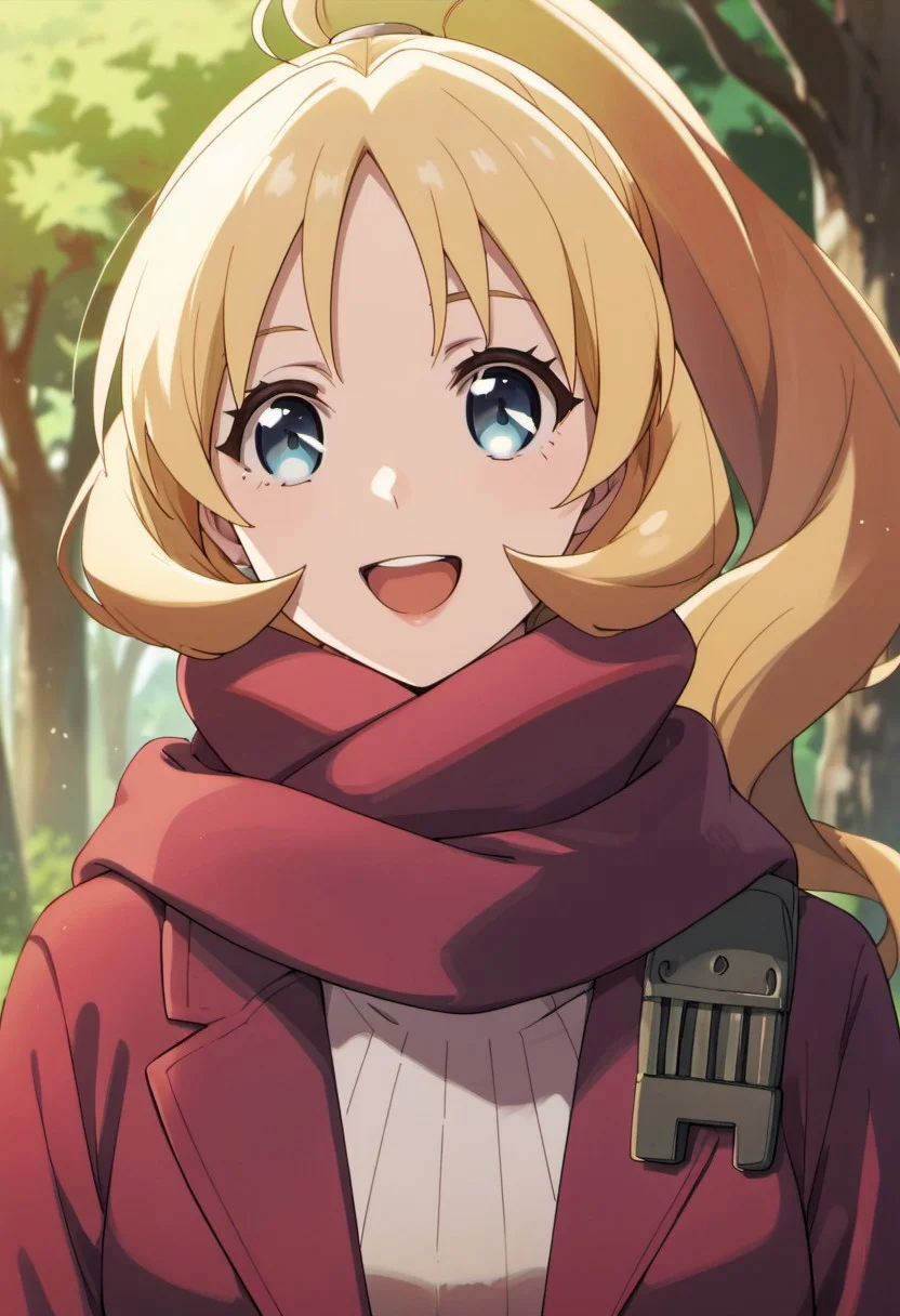score_9, score_8_up, score_7_up, source_anime, rina rupaage, blonde hair, ponytail, blue eyes, 1girl, solo, open mouth, tree, smile, scarf, long hair