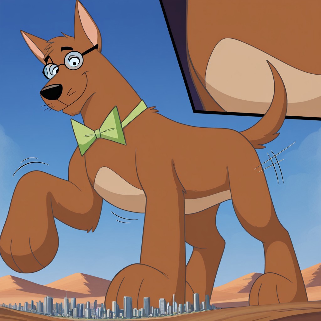 score_9, score_8_up, score_7_up, score_6_up, (source_furry), BREAK, high quality, detailed, best quality, amazing quality, 1boy,solo, furry male, anthro, Juniorsfather, furry, pointy ears, feral, canine, dog, black nose, brown body, brown fur,body fur,detailed cityscape, taking up the whole screen, newest, highres, masterpiece, extreme detail, giantess, male, landscape dwarfing,standing,impact, growth lines,close-up, looking down at viewer, smug, beige belly, sky, blue sky, day, tail, glasses, green bowtie, big paws, desert