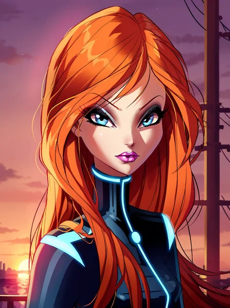 score_9, score_8_up, score_7_up,
<lora:WinxAndTrixPony:0.8>,winxtrix,
,bloom,cartoon style, 1girl, solo, long hair, blue eyes, animification, makeup, orange hair, lipstick, looking at viewer, sunset
