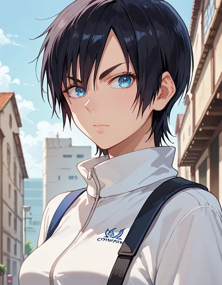 score_9, score_8_up, score_7_up, source_anime, anime screencap, anime coloring, masterpiece, best quality, uncensored, 1girl, solo, (portrait:1.2), aonuma, tomboy, black hair, short hair, asymmetrical bangs, hair between eyes, blue eyes, sharp eyes, thin eyebrows, medium breasts, tall female, white track jacket, long sleeves, <lora:Aonuma_Eishuu Meikaroku_Pony:1>, looking at viewer, standing, shiny body, shiny skin, (skindentation:1.2), clear skin, shiny hair, ultra detailed eyes, depth of field, sharp, (intricate details, hyperdetailed:1.15)