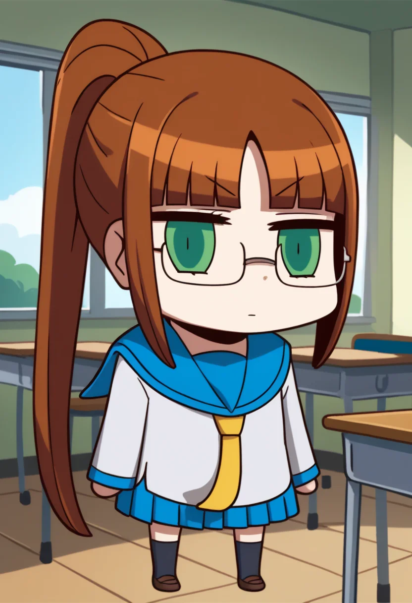 score_9, score_8_up, score_7_up, chibi, april fools, solo, 1girl, RuriMiyamoto, expressionless, brown hair, bangs, very long hair, ponytail, green eyes, glasses, serafuku, long sleeves, blue sailor collar, yellow necktie, blue skirt, kneehighs, black socks, indoors, classroom <lora:style_fgoaprilfools_ponyXL:1> <lora:ChamRuriMiyamotoPonyXL:1>